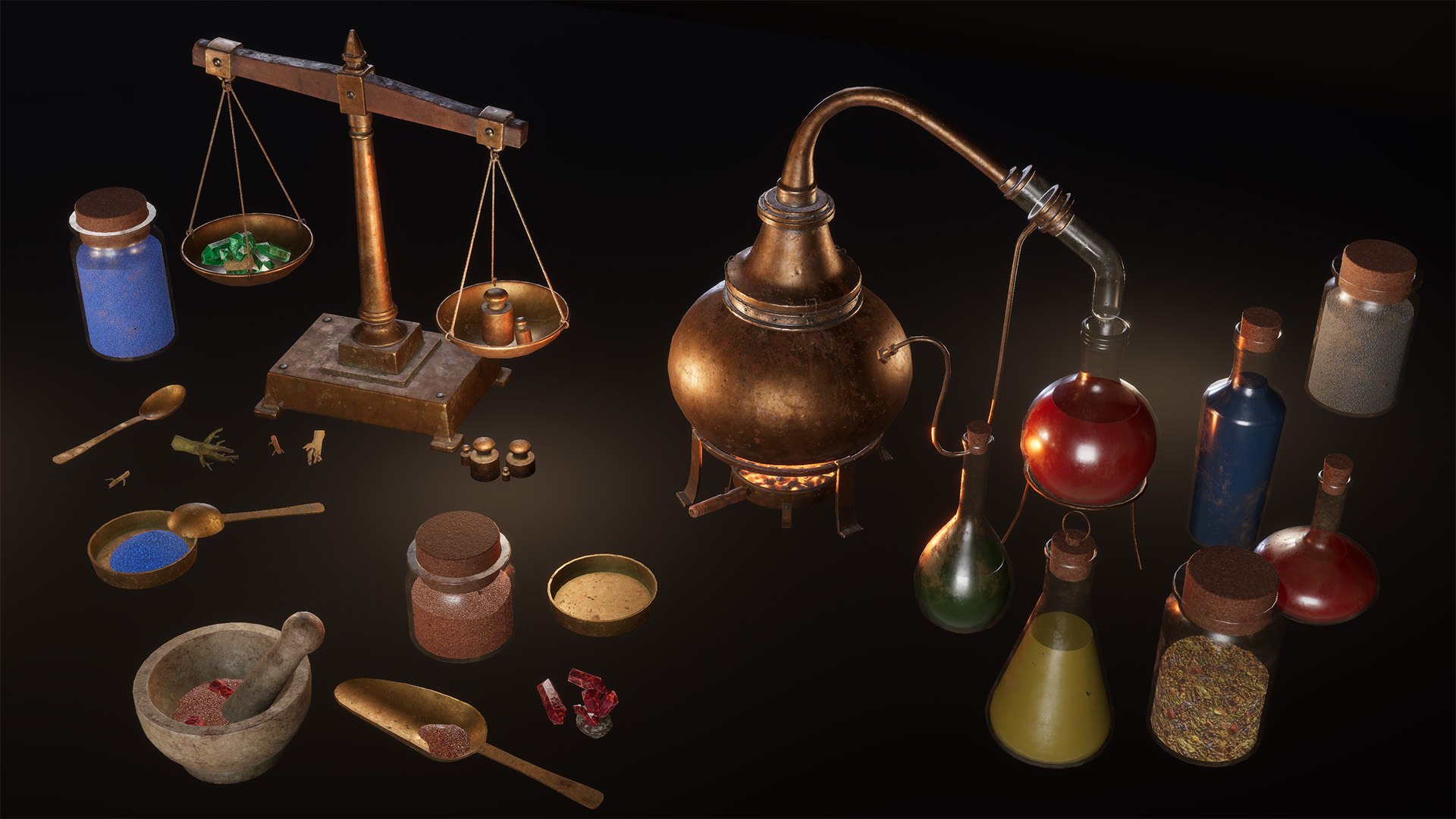 Medieval Alchemy kit 3D model https://p.turbosquid.com/ts-thumb/dP/YkQCGN/kD/01/jpg/1775868185/1920x1080/fit_q87/ecde4f17785d703133154d0e4b803b0959a87bbe/01.jpg