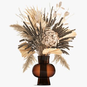 3D Bouquet of dried flowers in a glass vase 136 model