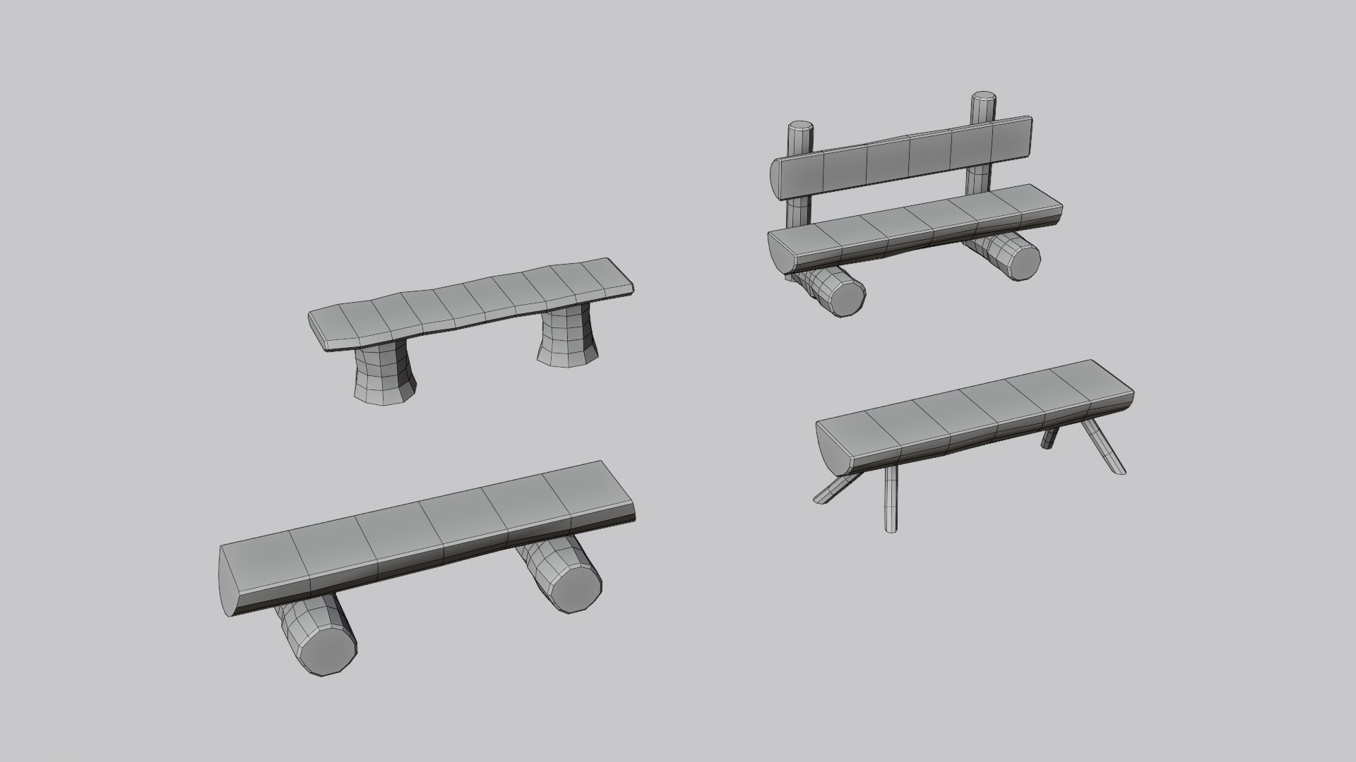 Rustic Log Bench Pack - 4 Game-Ready Wooden Benches 3D model https://p.turbosquid.com/ts-thumb/dQ/seAoUC/ns/bench_log_wireframe/png/1792311922/1920x1080/fit_q87/8c52ce70bb25364093339271bdd9bafd38653a5e/bench_log_wireframe.jpg