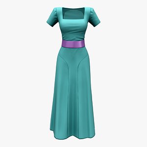 3D model 1940s Deep Green Short Sleeves Square Neck Long Skirt Gown Dress