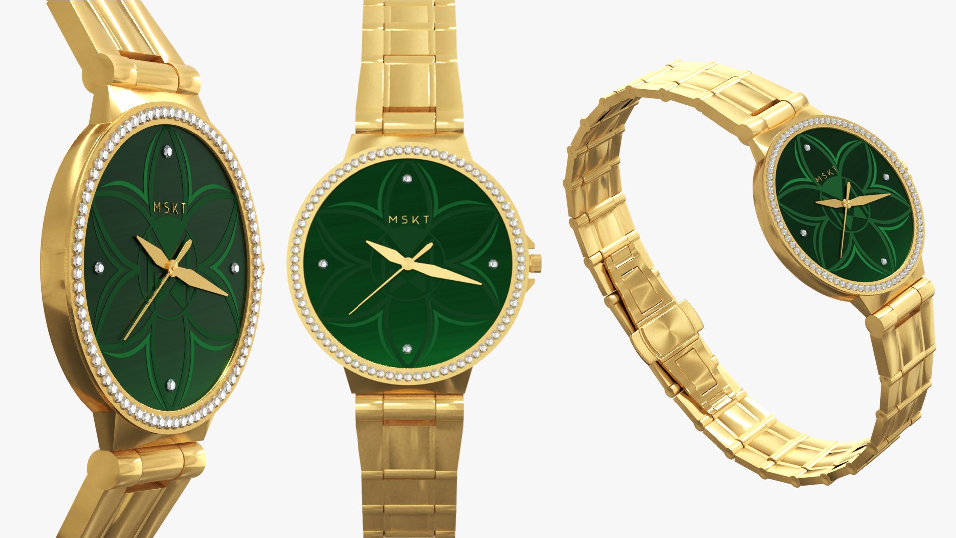Crystal Studded Green Dial Golden Watch 3D Model - TurboSquid 2480246
