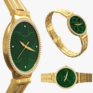 Crystal Studded Green Dial Golden Watch 3D model