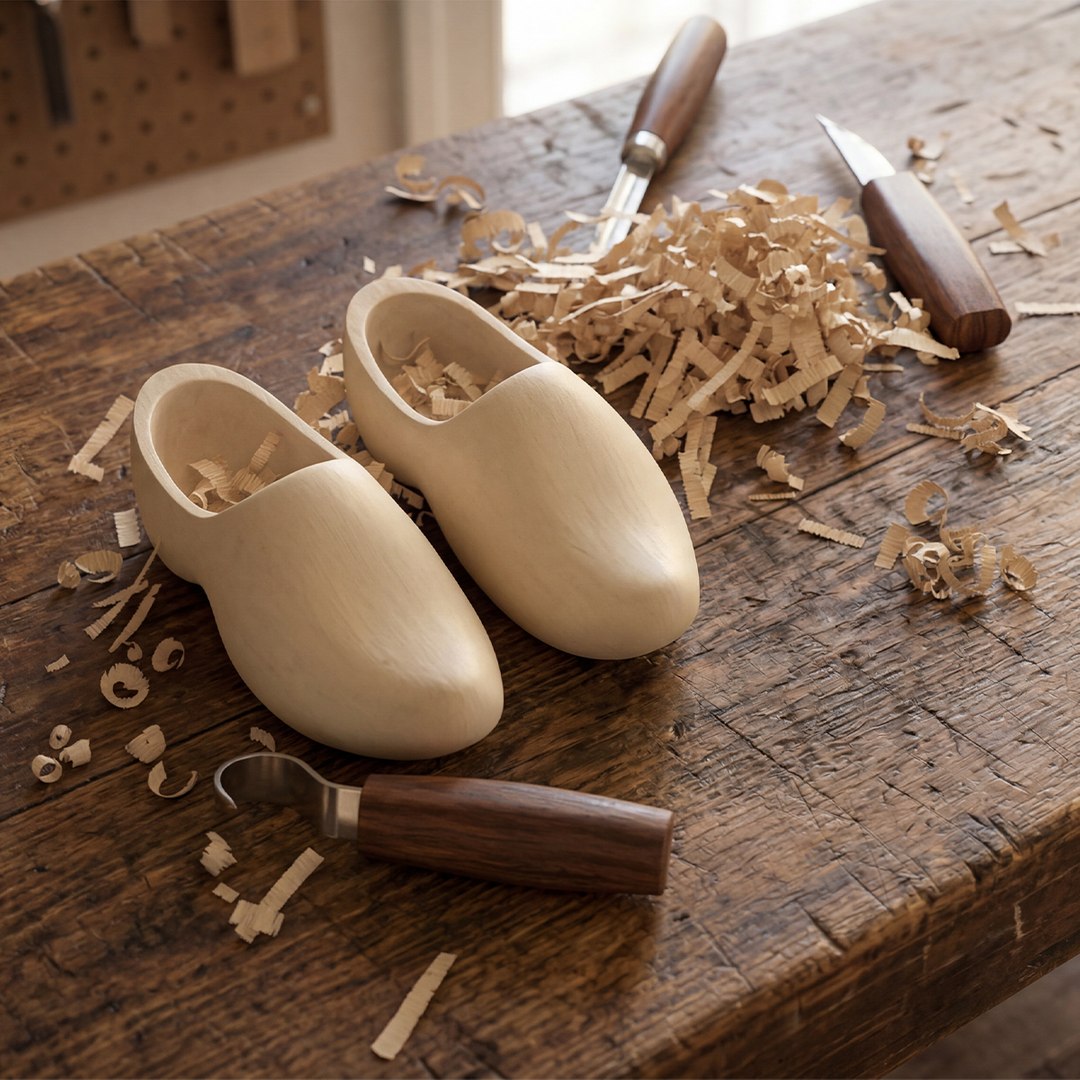 Handcrafted Wooden Clogs with Carving Tools  Beige 3D model preview
