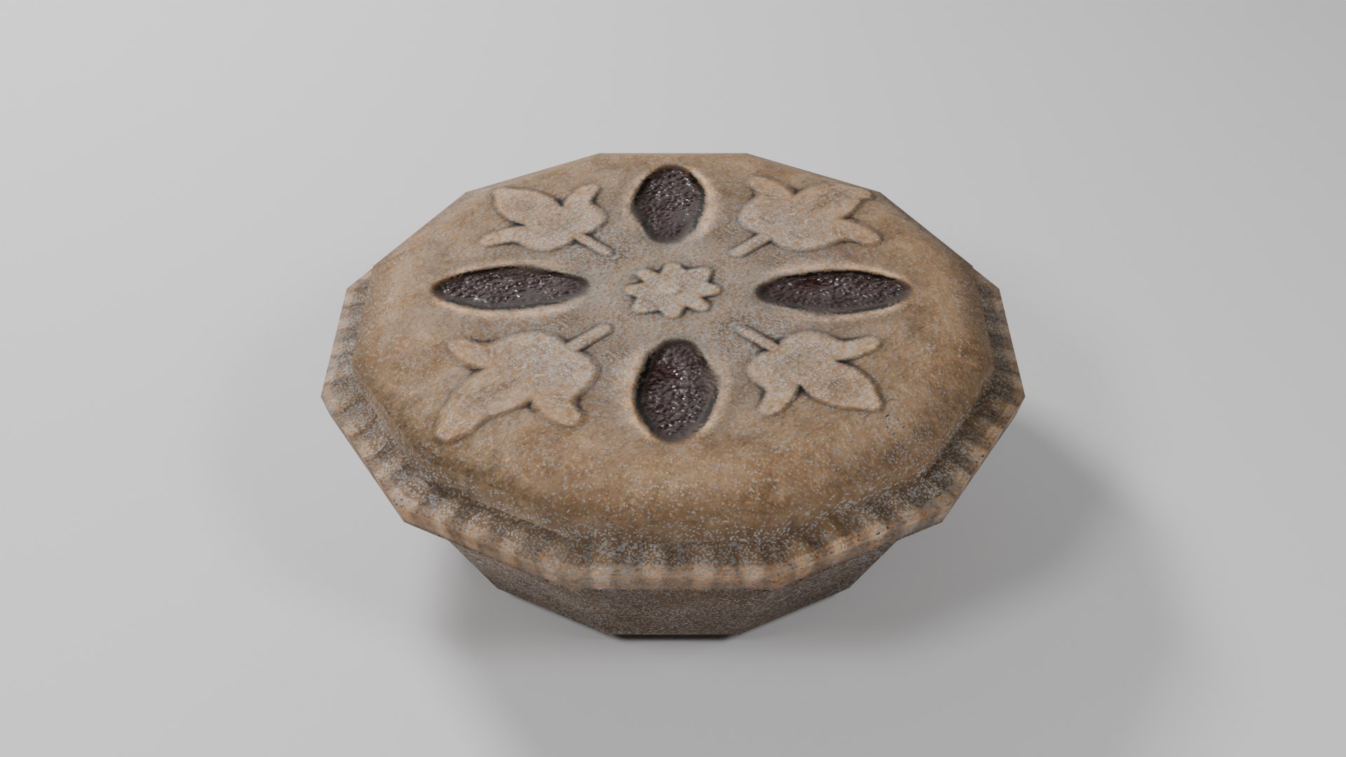 Mince Pie - Low Poly 3D model https://p.turbosquid.com/ts-thumb/dX/FWp2E6/iY/mincepie02/png/1722702321/1920x1080/fit_q87/0086d290f68b388e8a08a1c1146d231b02a91ce2/mincepie02.jpg