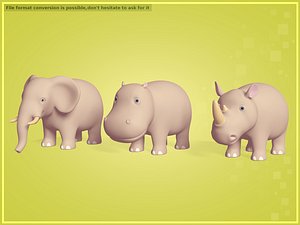 3D Cartoon Animals Pack - Elephant --Rhinoceros -- Hippopotamus