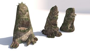3D stone totems shaped like monsters