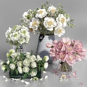 Realistic Natural Fresh Peonies in Different Vases