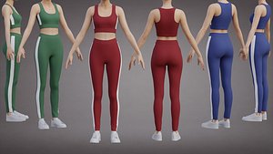 Two-Piece Sportswear Outfit Tank Top  Stripe Yoga Pants - 3 Color Variations 3D Model 3D model