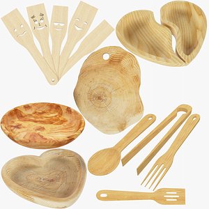 3D kitchen utensils wooden v2