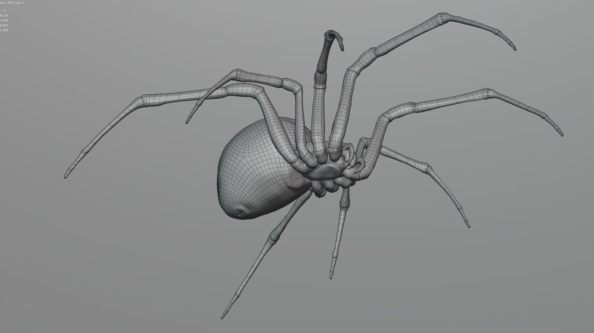 Black widow spider basemesh 3D model https://p.turbosquid.com/ts-thumb/db/1lzeu5/L3/wireframe_blackwidow_003/png/1674118167/1920x1080/fit_q87/4ab3a9e0b72595223f91bb432288ebf048134f9a/wireframe_blackwidow_003.jpg