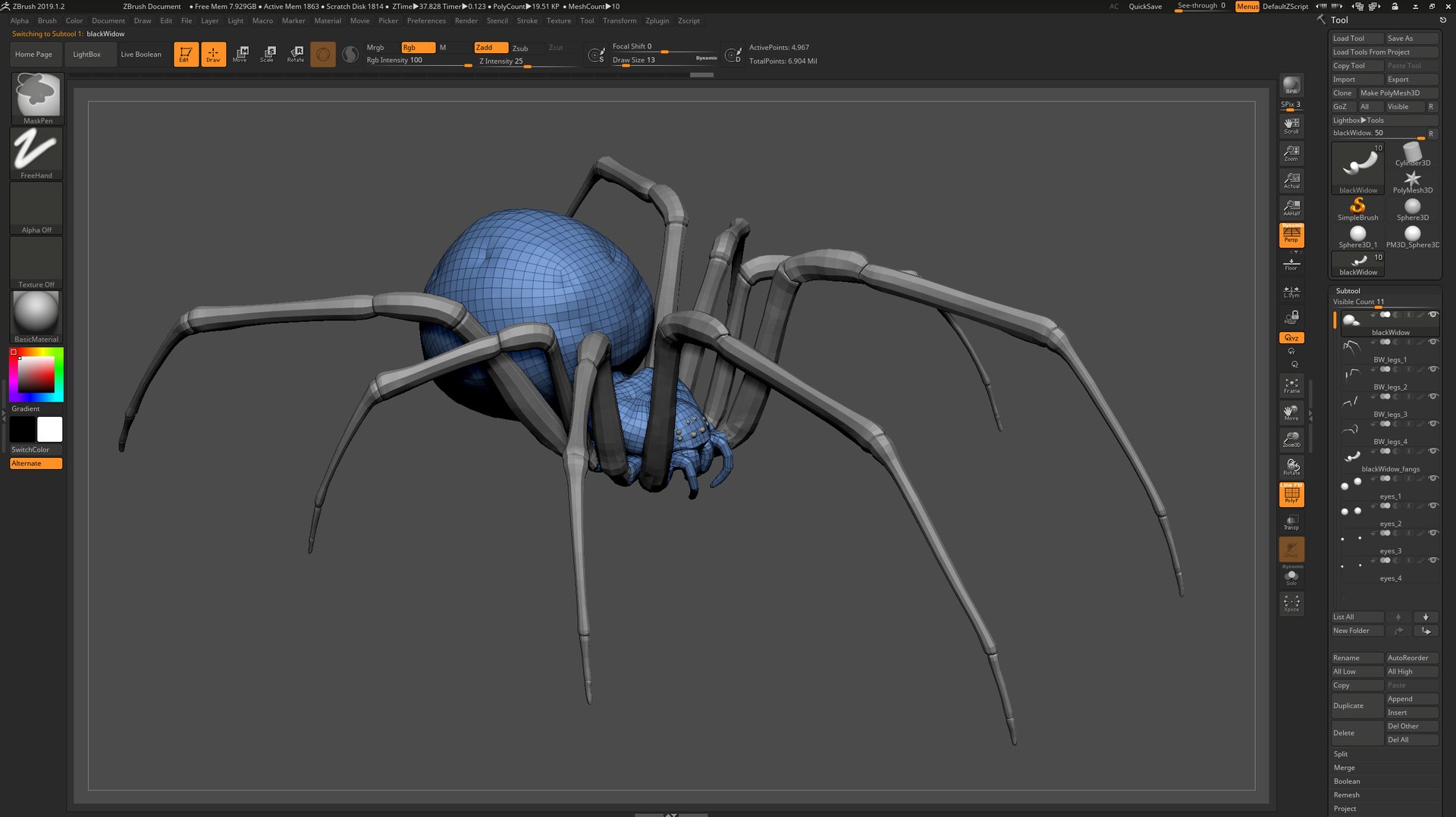 Black widow spider basemesh 3D model https://p.turbosquid.com/ts-thumb/db/1lzeu5/dl/zbrush_blackwidow_002/png/1674118699/1920x1080/fit_q87/167d726106939289806f23c6fb312b327234721b/zbrush_blackwidow_002.jpg