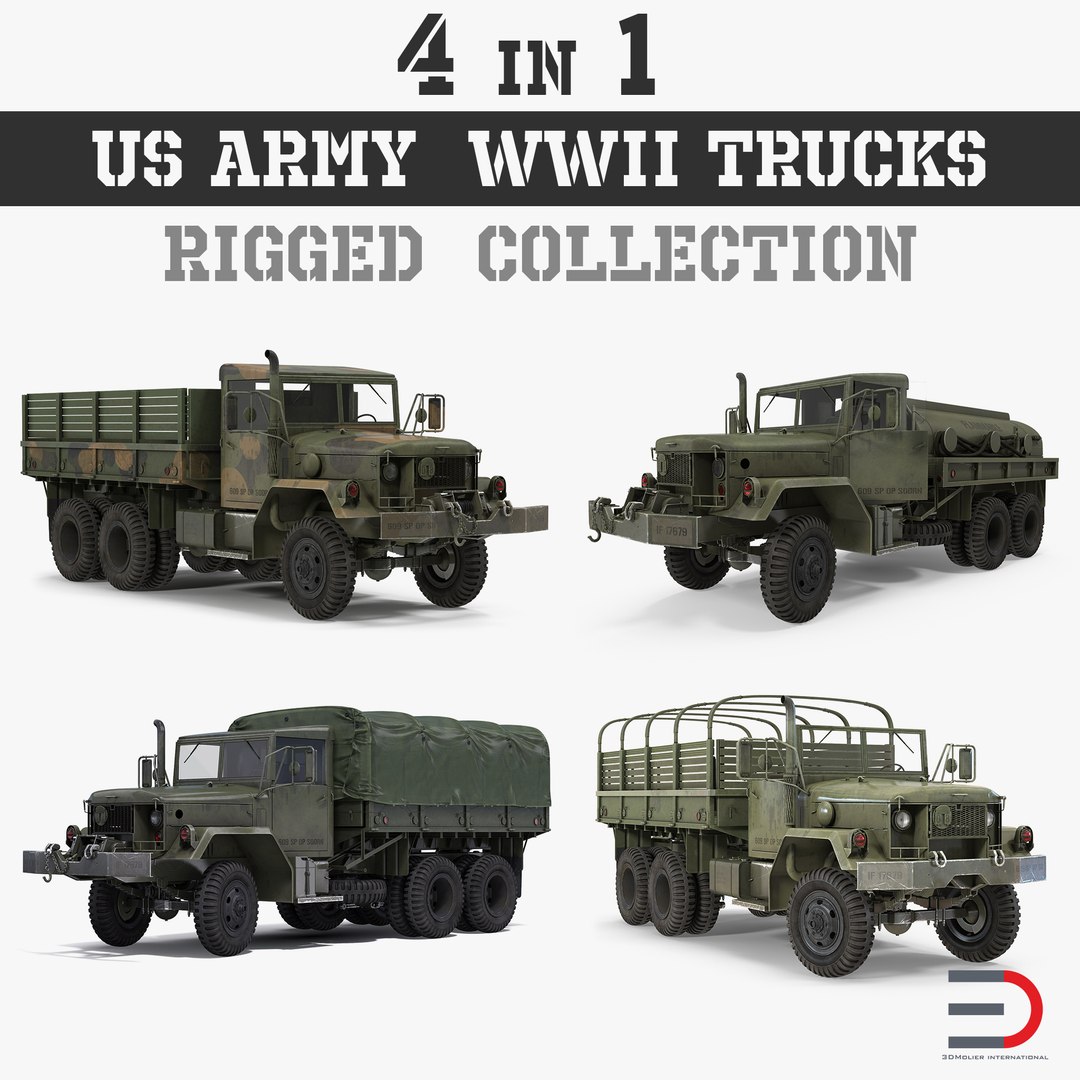 US Army WWII Rigged Trucks 3D Models Collection 3D model preview