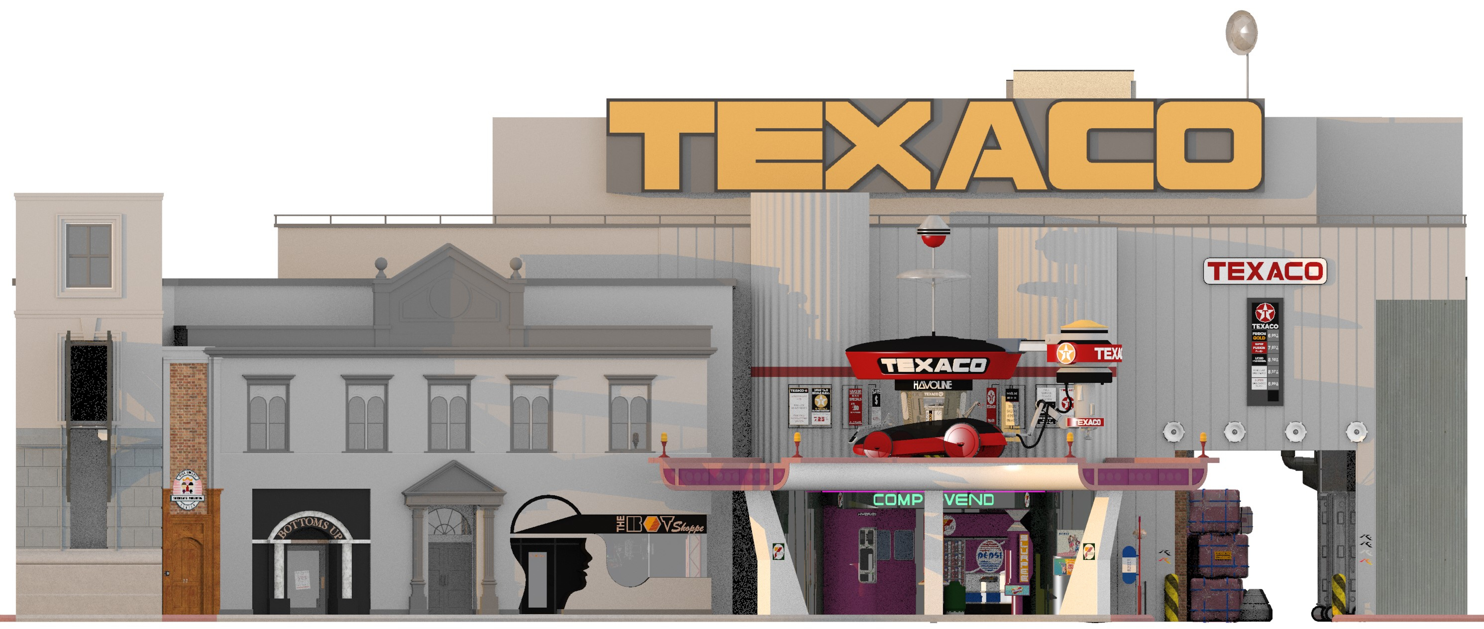 Hill Valley 2015 Texaco, Alley, 7elven, The bot Shoppe, Bottoms Up