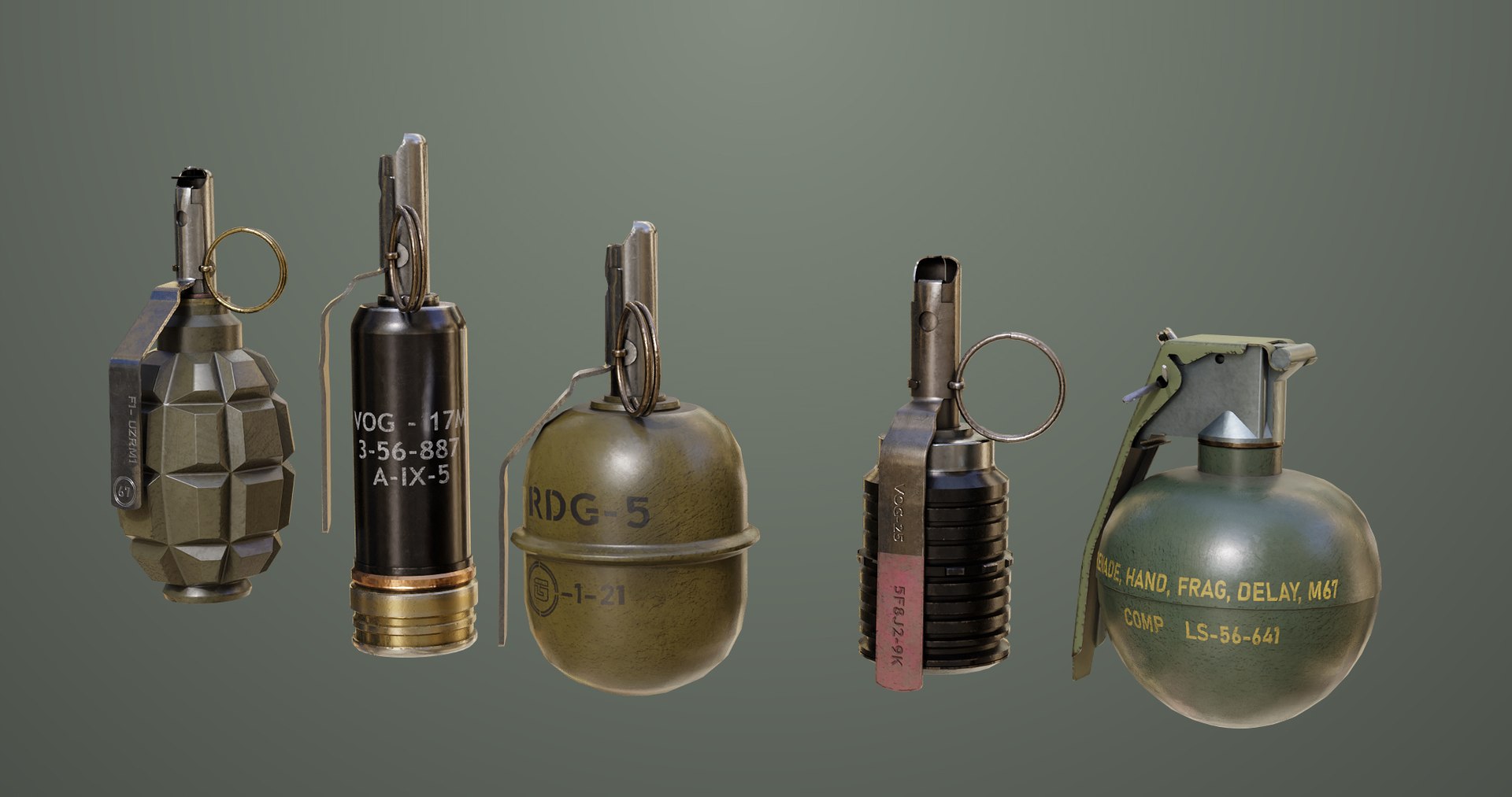 5 Fragmentation Grenades Single Mat All PBR Unity UE Textures 3D Model ...