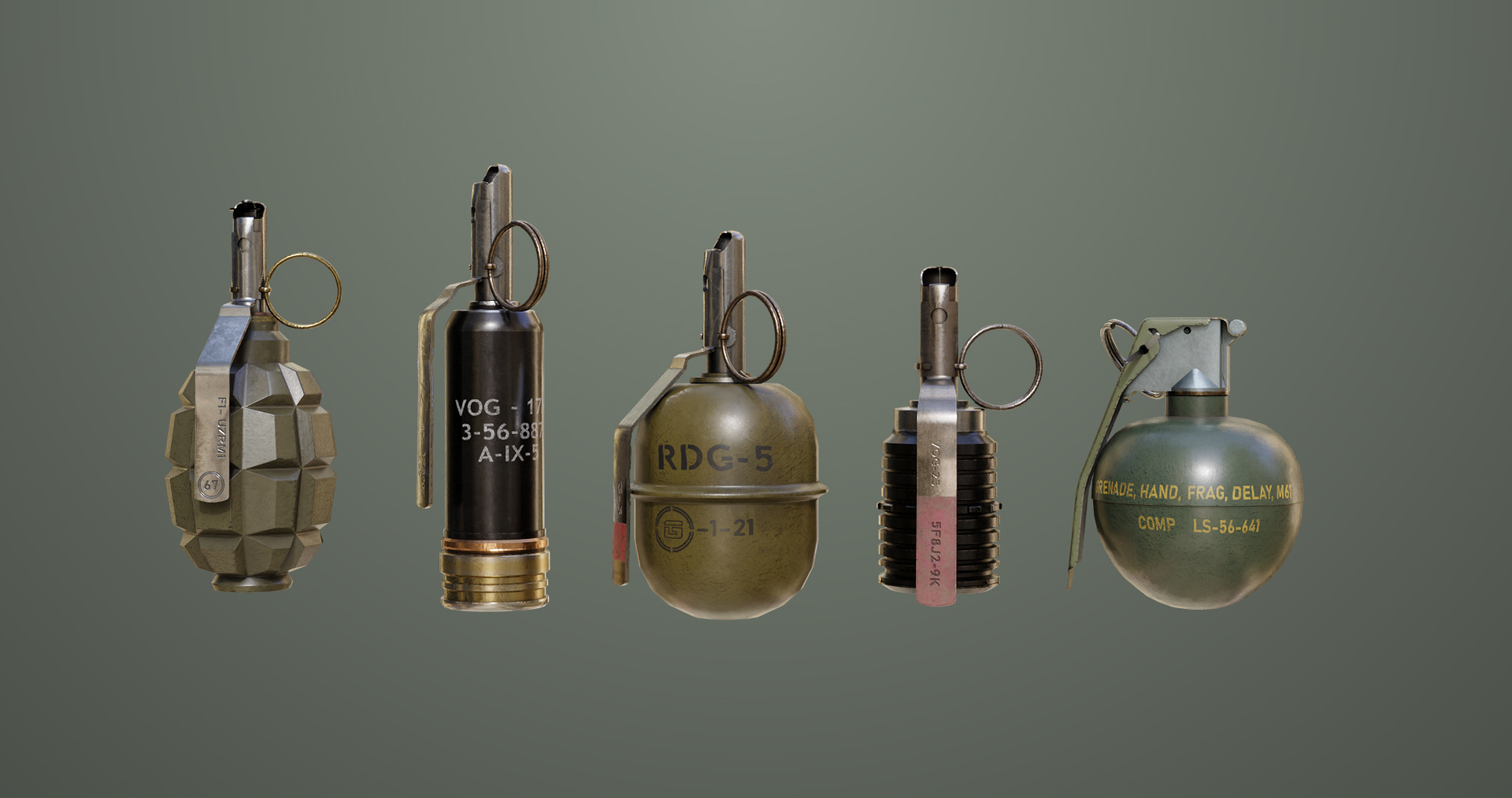 5 Fragmentation Grenades Single Mat All PBR Unity UE Textures 3D Model ...