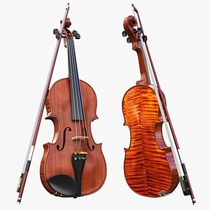 3D Classic brown violin with bow