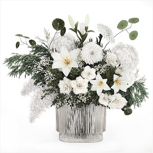 3D White bouquet of flowers and greenery hydrangea lilac lilies 353 model