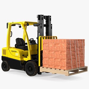 Forklift Toyota with Red Bricks Stacked on Wooden Pallet 3D model
