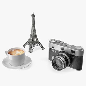 Vintage Camera with Eiffel Tower and Coffee 3D