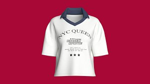 3D Girls Printed Crop White T-Shirt With Polo Neck