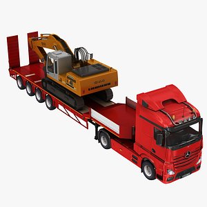 Lowbed Trailer Truck with Excavator model
