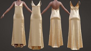3D Gold Satin Backless Dress -Silk Party Gown