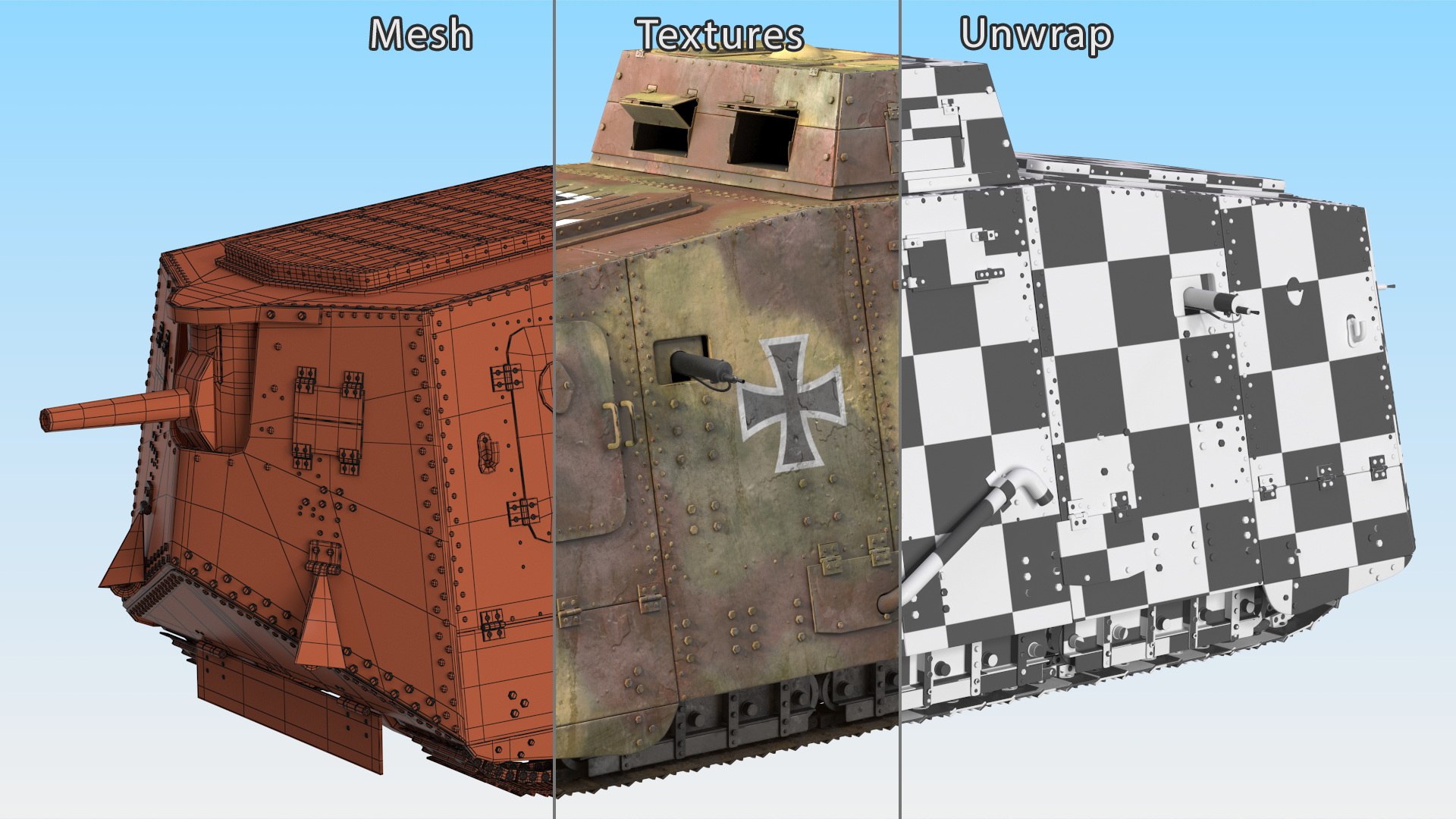 3D Rusted German A7V Infantry Support Tank Camo https://p.turbosquid.com/ts-thumb/dl/8CkvOI/45/rustedgermana7vinfantrysupporttankcamomb3dmodel019/jpg/1703239744/1920x1080/fit_q87/92ee7c1f29466fb51d07089032ced3d35002c2d5/rustedgermana7vinfantrysupporttankcamomb3dmodel019.jpg