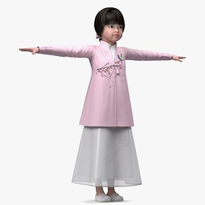 3D model Child Girl from Asia in National Costume Rigged for Maya