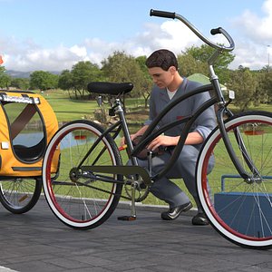 Worker Attaches Pet Trailer to Bicycle