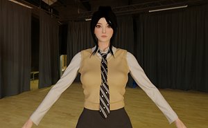Rina School Girl Character 3Hairstyles Uniform Rigged Game Ready 3D