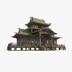 3D Ancient Asian architecture thatched cottage main hall model