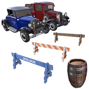 pack vintage vehicles wooden barrel 3D model