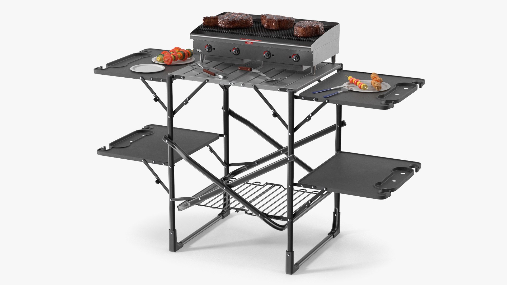 Multi-Level Outdoor Cooking Table with Grill and Tools 3D model preview