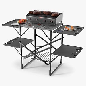 Multi-Level Outdoor Cooking Table with Grill and Tools 3D model