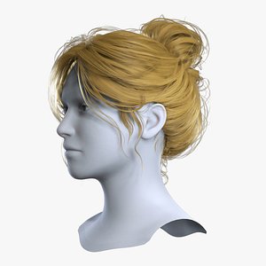 3D Realistic Female Messy Bun Hair with Curtain Bangs Low-Poly - Game Ready