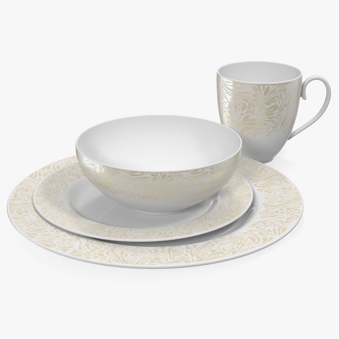 White and Gold Dinnerware Set 3D model preview
