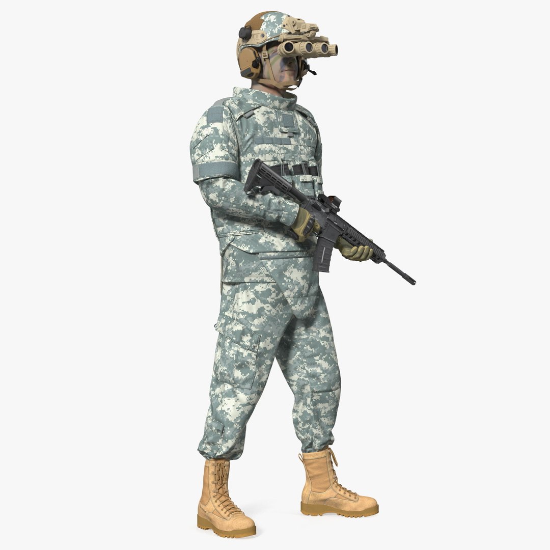Soldier in Night Vision Goggles Grey Camo Standing Fur 3D model preview