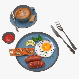 Breakfast with fried egg sausages and coffee 02