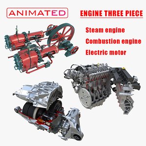 Engine three piece with animation steam fuel electric 3D model
