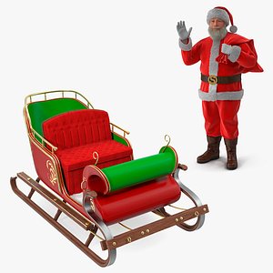 Santa Claus Holding Gift Bag and Sleigh Collection Fur 3D Model