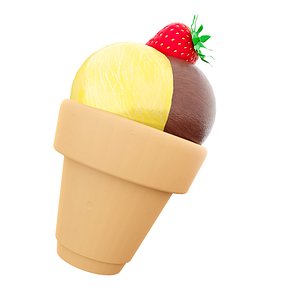 three ice cream balls of ice cream with banana chocolate raspberry flavor and strawberries on to