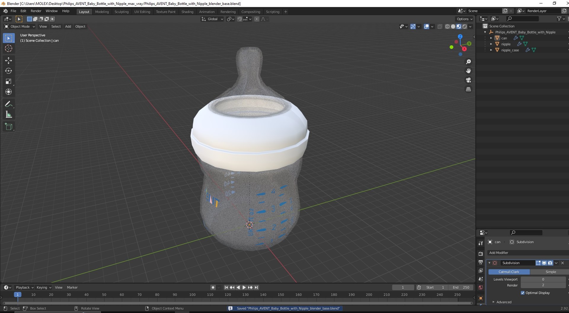 Philips Avent Baby Bottle with Nipple 3D model preview