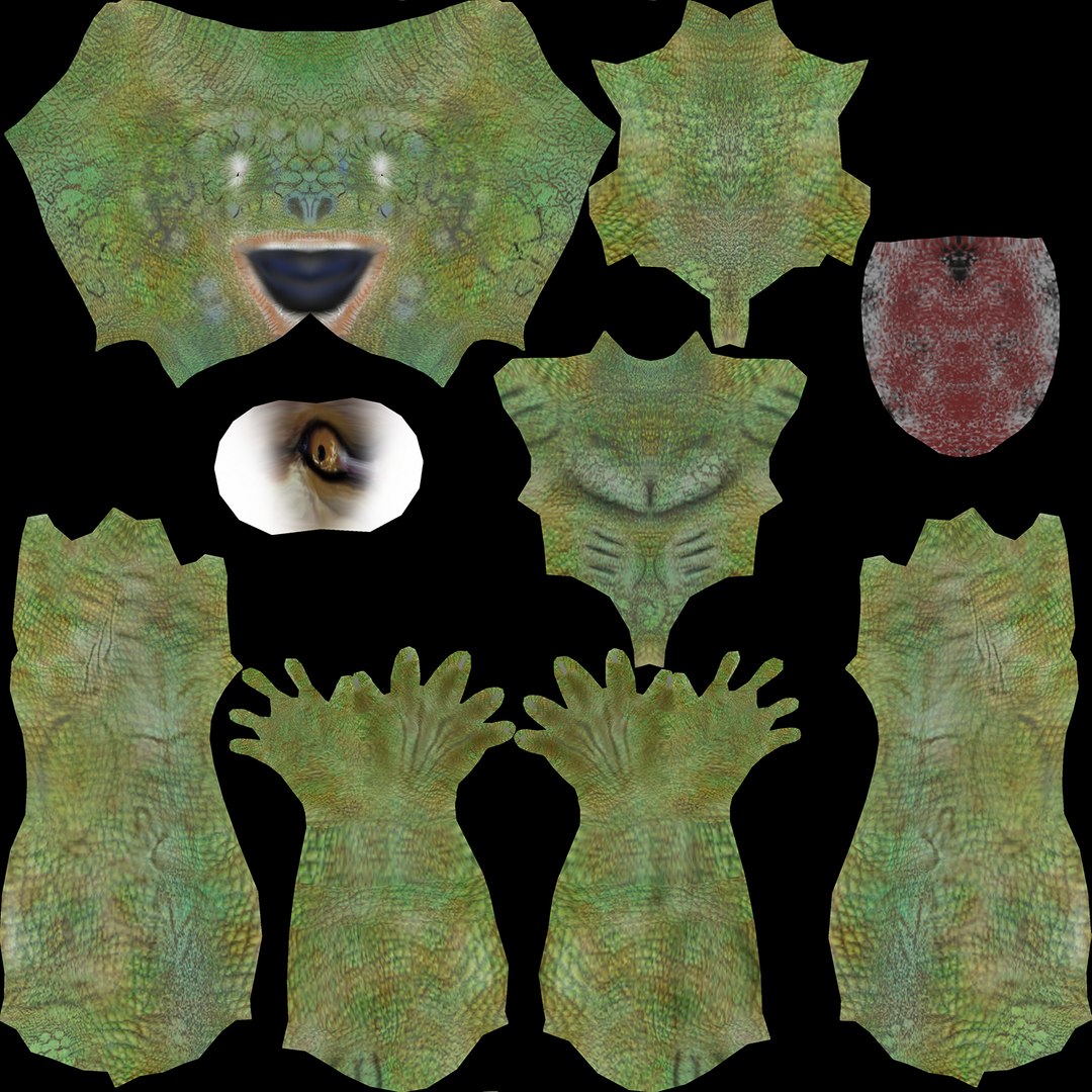 green reptile character 3D model https://p.turbosquid.com/ts-thumb/dv/RkekZM/QoWJEk9o/diffuse_map/jpg/1522823559/1920x1080/fit_q87/7179ef9335fe2ab7c8672af3a46a3e68ecc0a182/diffuse_map.jpg