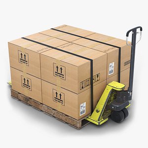 Pallet Jack with Wooden Pallet and Boxes