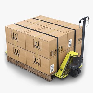 Pallet Jack with Wooden Pallet and Boxes