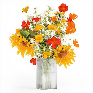 3D Bouquet Of Wildflowers Poppy Chamomile Sunflower 429 model