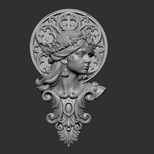 3D central bust portrays a young woman in profile