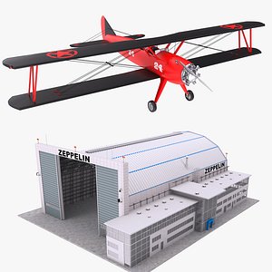 Biplane and Hangar 3D model