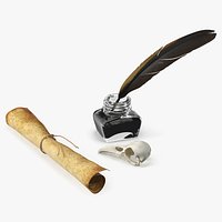 Old Writing Set with Feather Pen and Skull