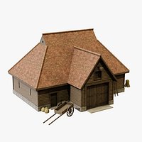 Medieval Timber Barn with Wagon Porch - Low Poly Game Ready with LODs
